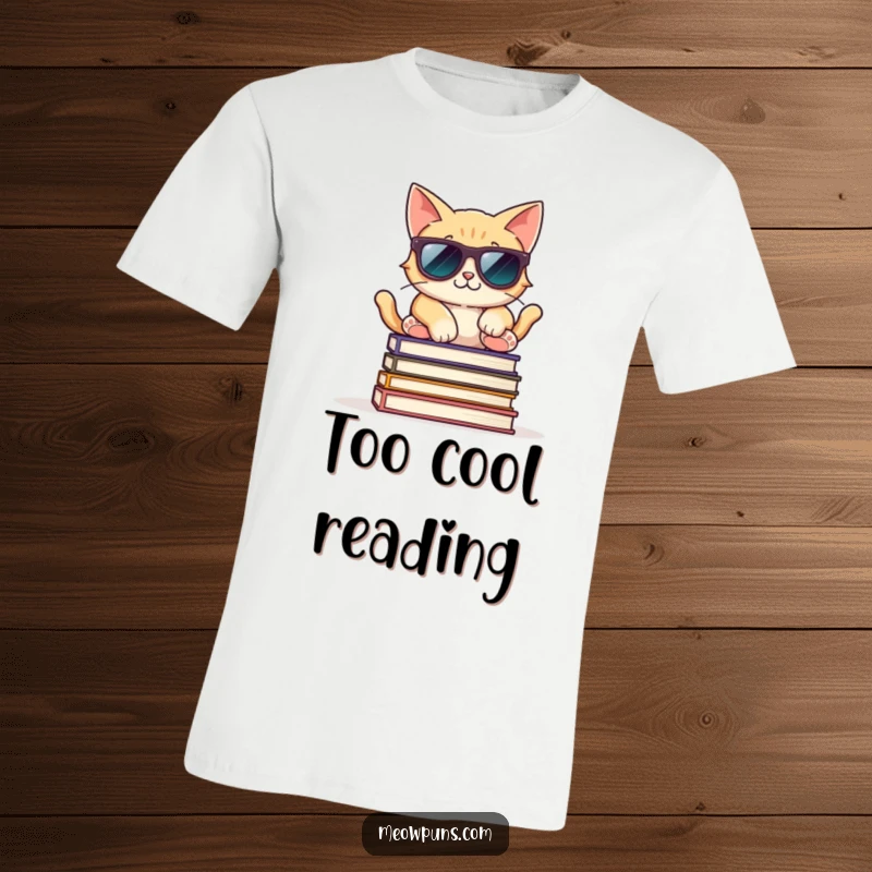 Funny t-shirt featuring a cool cat with sunglasses, posing relaxed on books, perfect for casual and witty wear.