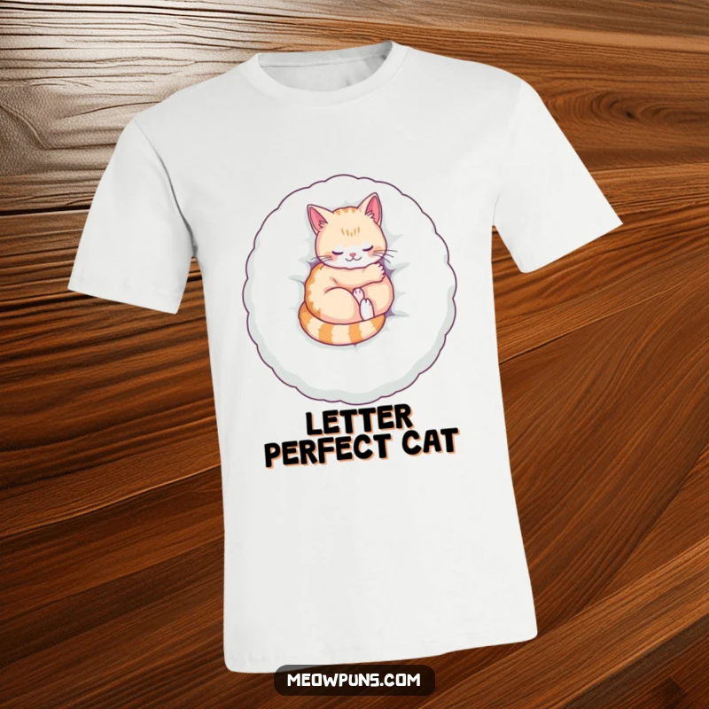Funny T-shirt depicting a cat curled up on a giant plush letter, purring contentedly, a symbol of cozy humor.