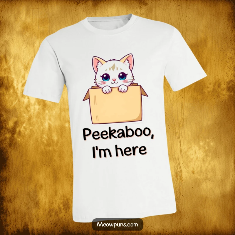 Funny curious cat character peeking from a box, showcasing its playful and observant nature on this t-shirt.