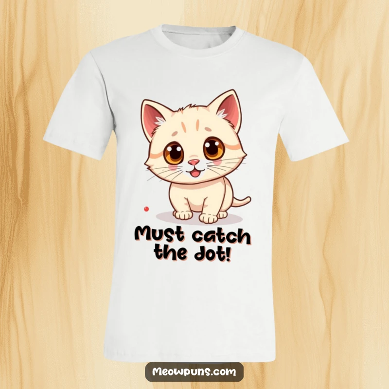 Funny cat t-shirt featuring a cat with comically large googly eyes, intensely focused on catching a tiny laser pointer dot.