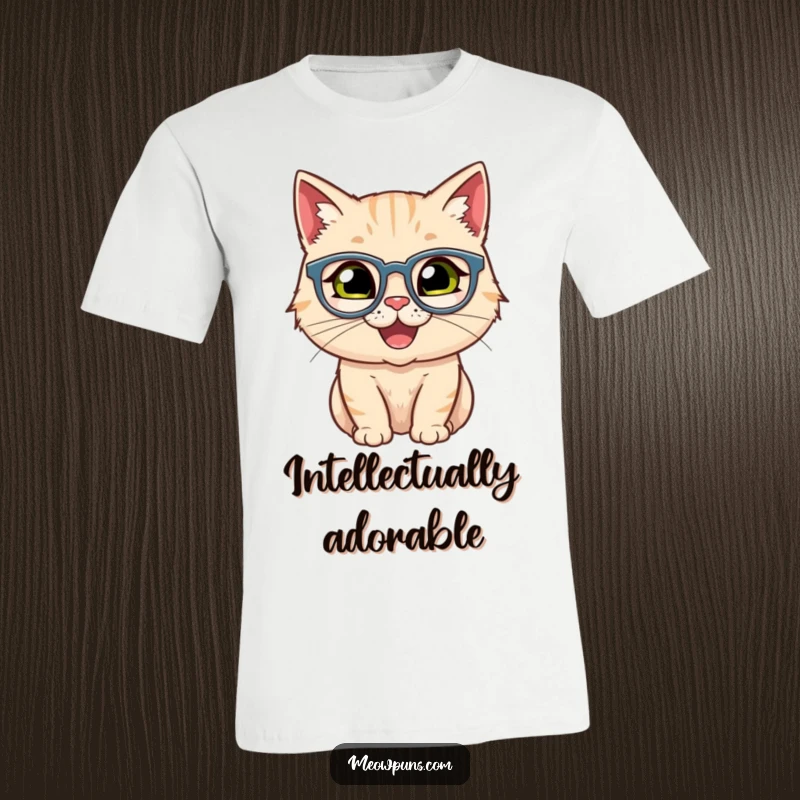 Funny t-shirt featuring a happy cat wearing small glasses, conveying intelligence and humorous style.