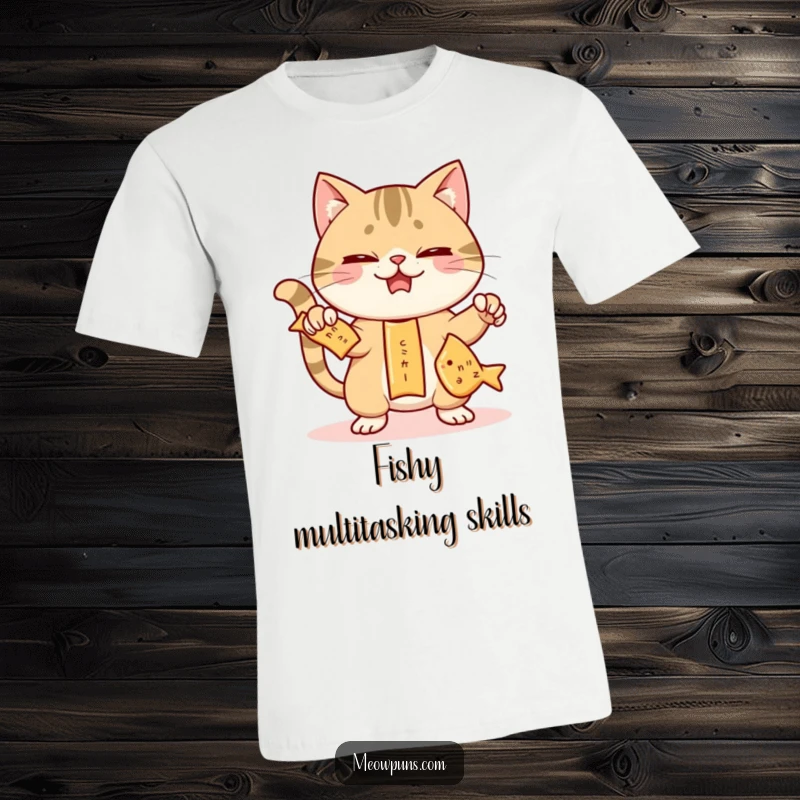 Funny cat t-shirt of a mischievous cat attempting to juggle three fish-shaped crackers, highlighting chaotic fun and snack-related silliness.
