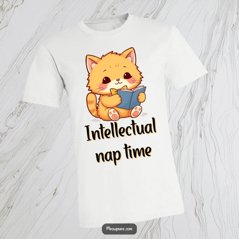 Funny orange cat character in a bowtie, sitting and reading a book, printed on a t-shirt, highlighting its studious and dapper nature.