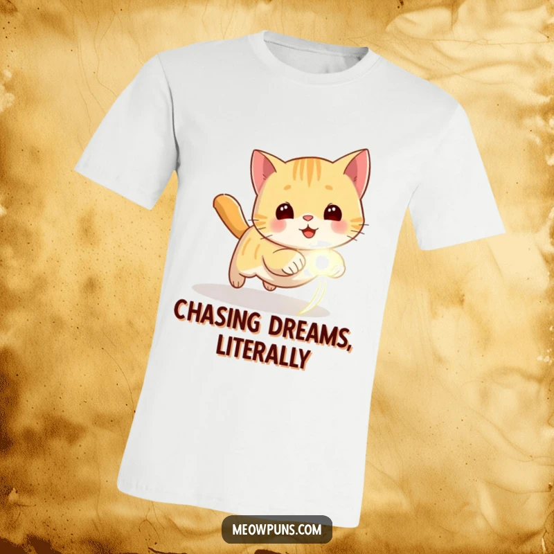 Funny t-shirt depicting a cat wildly chasing a glowing laser dot, full of playful energy and humor.