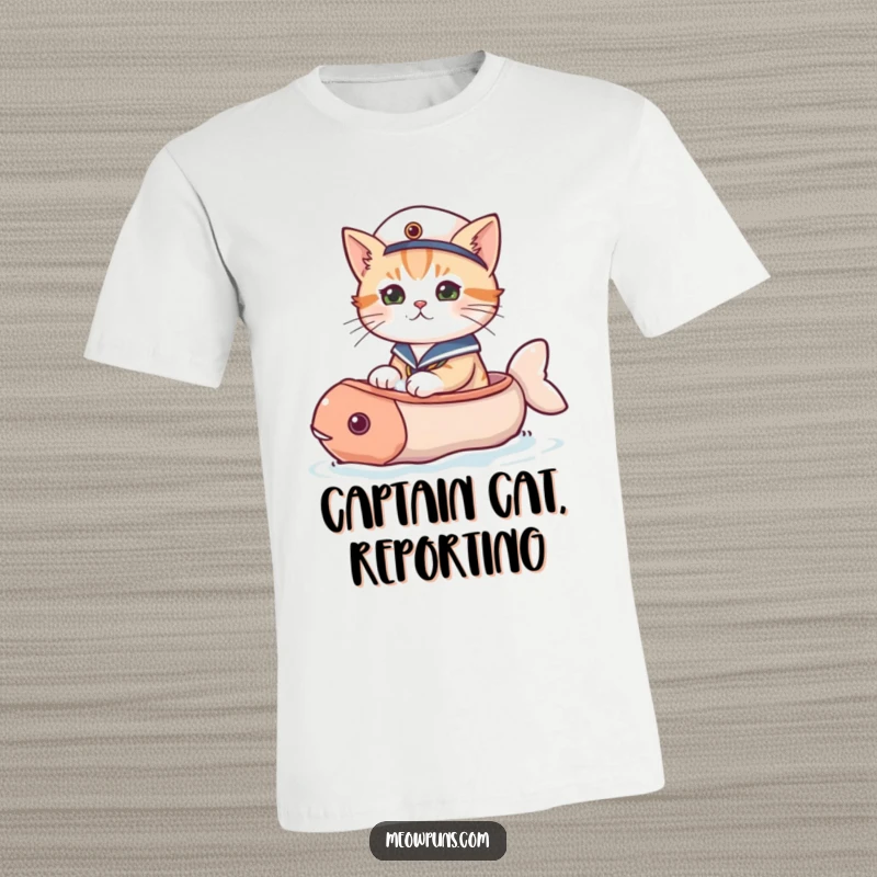 Funny cat t-shirt featuring a cat dressed as a sailor, captaining a playfully designed fish-shaped boat on the water.