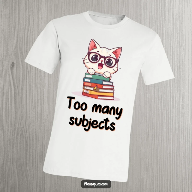 Funny t-shirt with a surprised cat wearing glasses, books tumbling down, illustrating the humorous chaos of studying.
