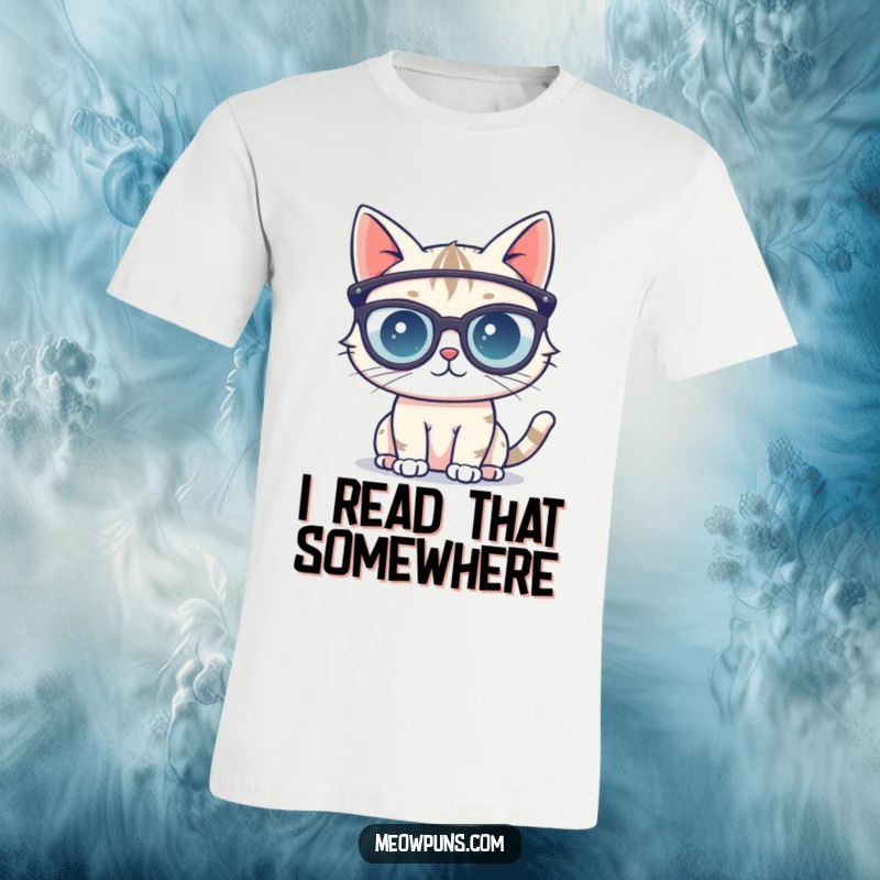 Funny t-shirt print of a cute cat character sporting large, oversized reading glasses, exuding an air of scholarly contemplation and feline curiosity.