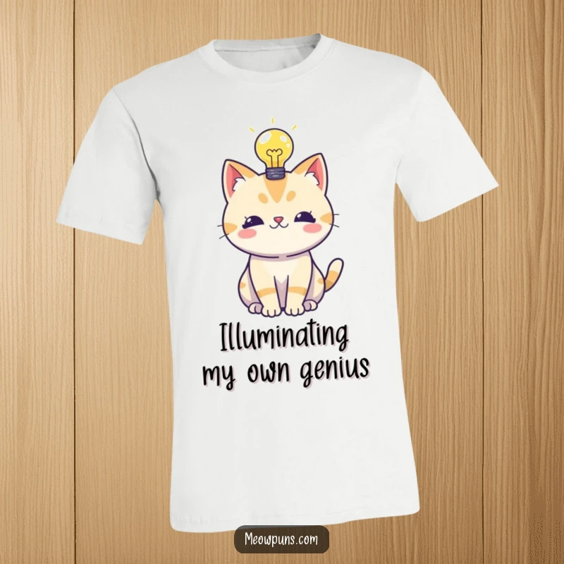 Funny t-shirt showcasing a cat having a bright lightbulb idea, perfect for showcasing wit and intelligence with humor.