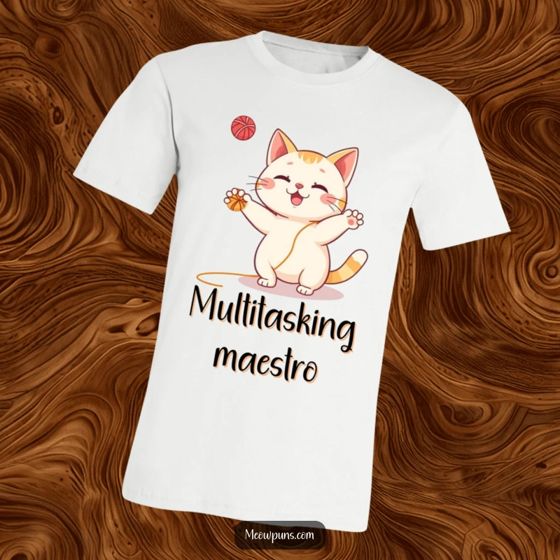Funny Cat T-Shirt: Adorable character enthusiastically juggling small yarn balls, showcasing their energetic and slightly wild feline charm.