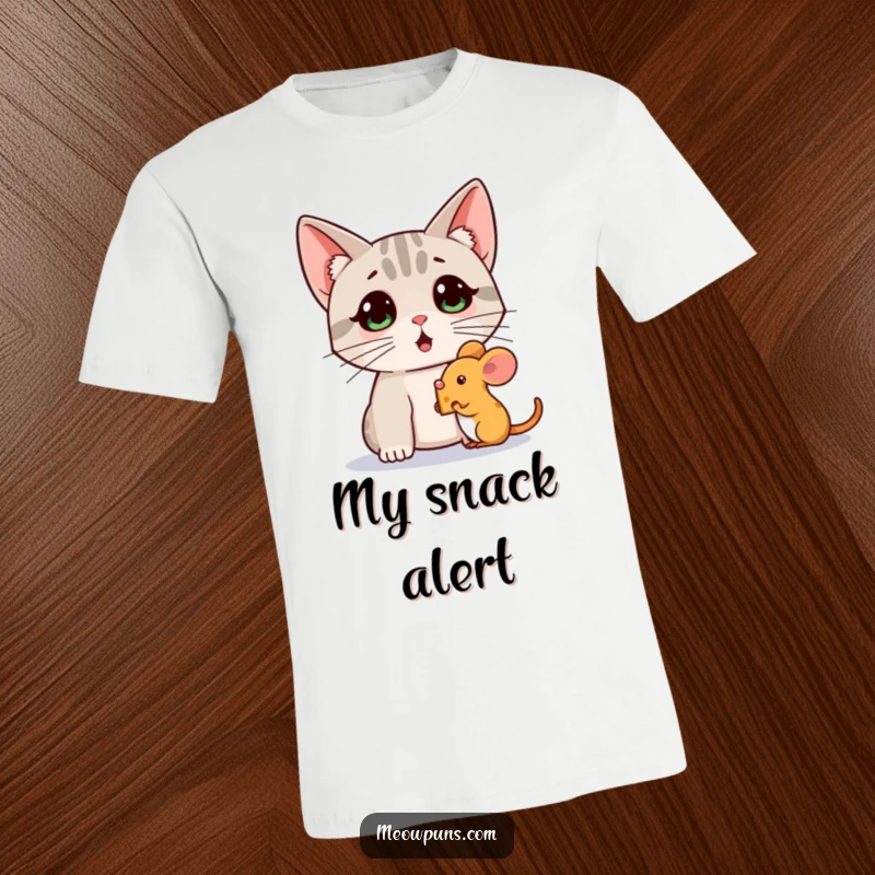 Funny t-shirt depicting a surprised cat with wide eyes watching a small mouse holding a tiny cheese wedge, capturing a moment of intrigue.