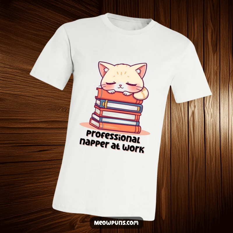 Funny t-shirt featuring a charming, sleepy cat character deeply napping atop a precarious stack of books, celebrating a love for reading and relaxation.