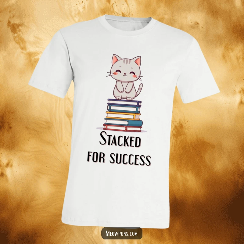 Funny grey cat balancing on a stack of books, printed on a t-shirt, highlighting its playful and determined personality.