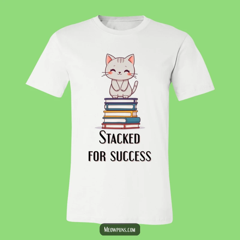 Funny Cat Books Tee: Grey Cat Balancing on Stack, Cute Literary Shirt Gift