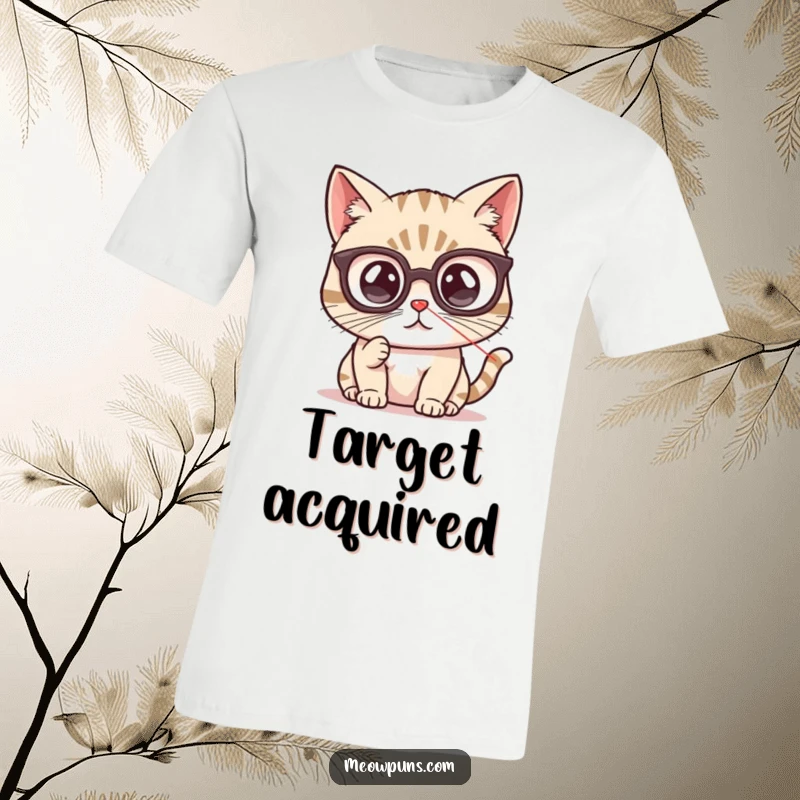 Funny cat t-shirt with a cute cat wearing spectacles, laser-focused on a red dot, embodying playful intelligence and dedication.