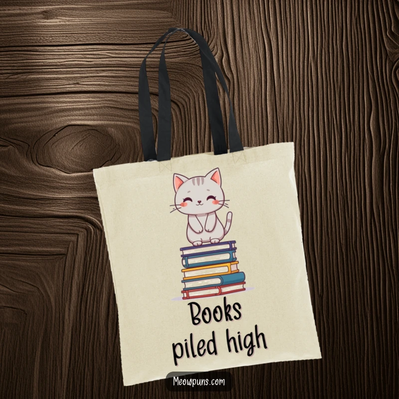 Funny grey cat balancing on a stack of books, on a durable tote bag, showcasing its agility and love for literature.