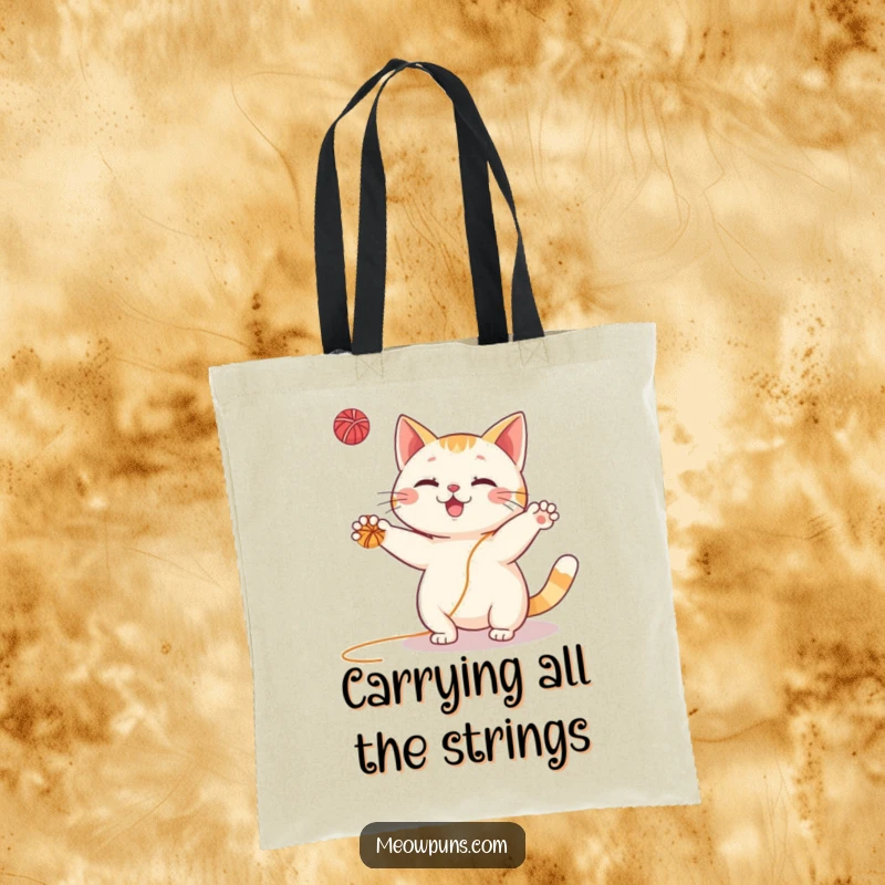 Funny Cat Tote Bag: Playful character juggling brightly colored yarn balls, ideal for carrying books, groceries, or catnip.