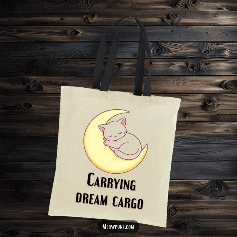 Funny Sleepy Cat Moon Tote Bag: A cat sleeps on a moon, a funny and portable accessory for cat fans.