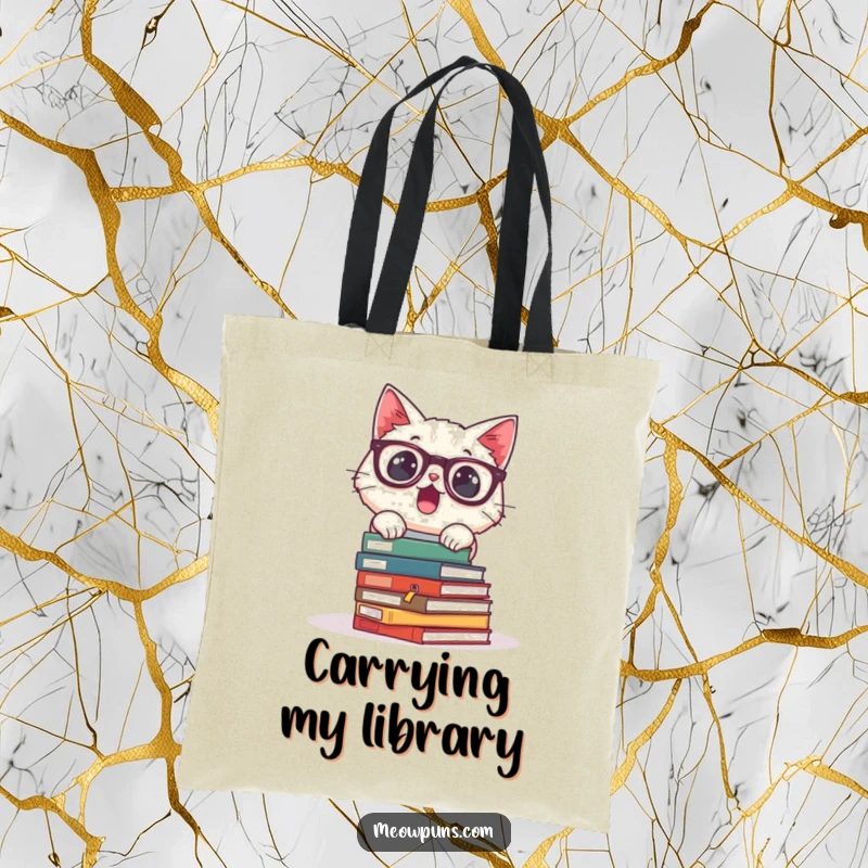 Funny tote bag with a surprised cat wearing glasses and tumbling books, ideal for carrying essentials with academic humor.
