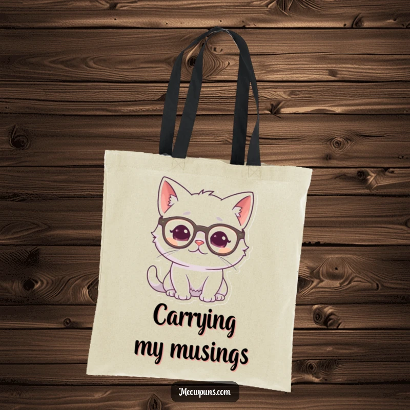 Funny white cat wearing glasses and looking thoughtful, on a durable tote bag, showcasing its intelligence and contemplative mood.