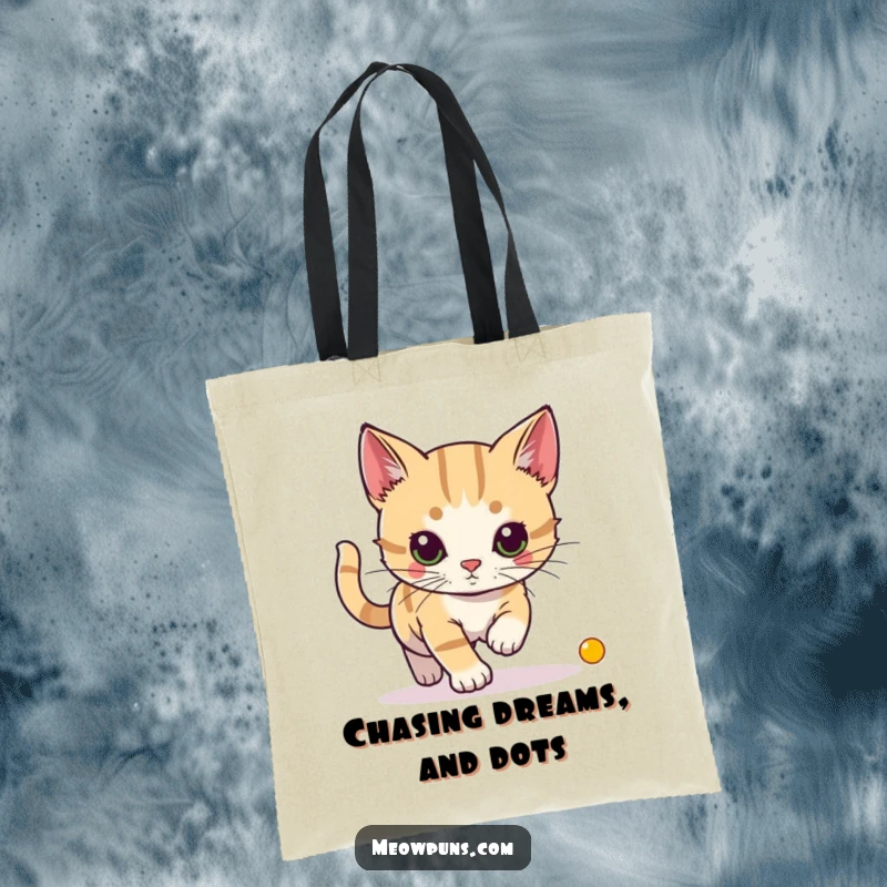 Funny tote bag with a cat intensely chasing a laser pointer dot, perfect for carrying items with a focus on fun.