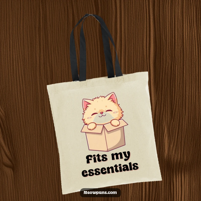 Funny tote bag featuring a fluffy cat character, curiously peeking from a ridiculously small box, a quirky accessory.
