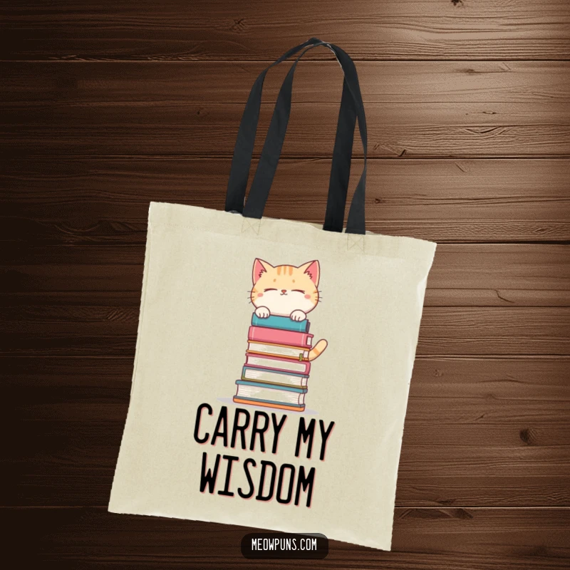 Funny cat precariously balancing a large stack of books on a tote bag, perfect for carrying literary items.