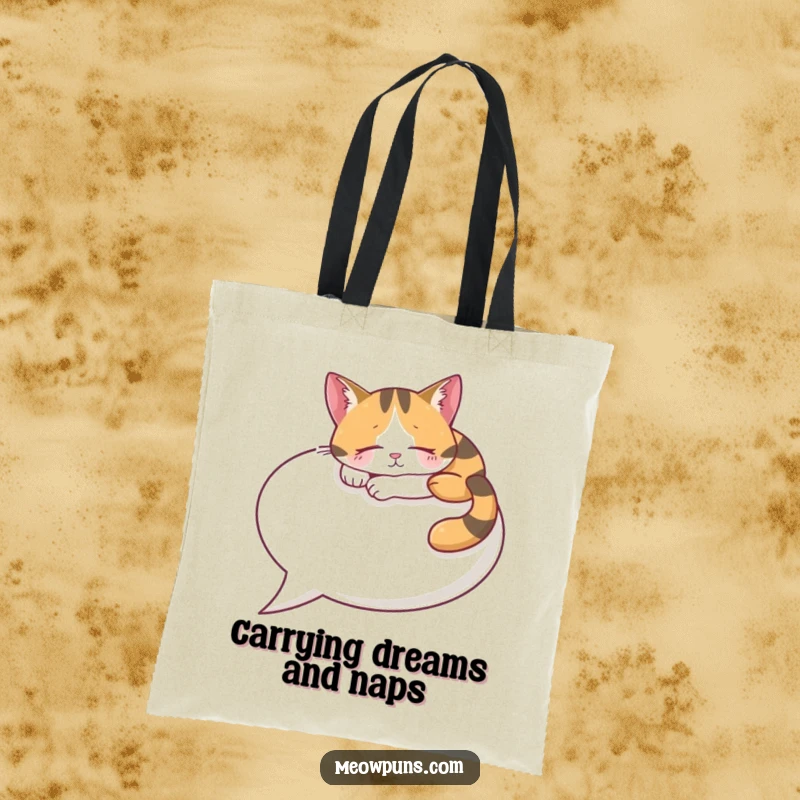 Funny Calico Cat Tote Bag, a content cat snoozes on a big speech bubble, bringing humor and practicality.