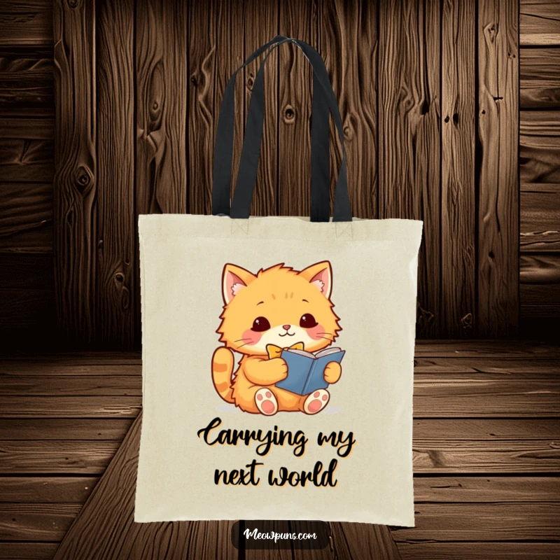 Funny orange cat with a bowtie reading a book, depicted on a practical tote bag, showcasing its intellectual and stylish persona.