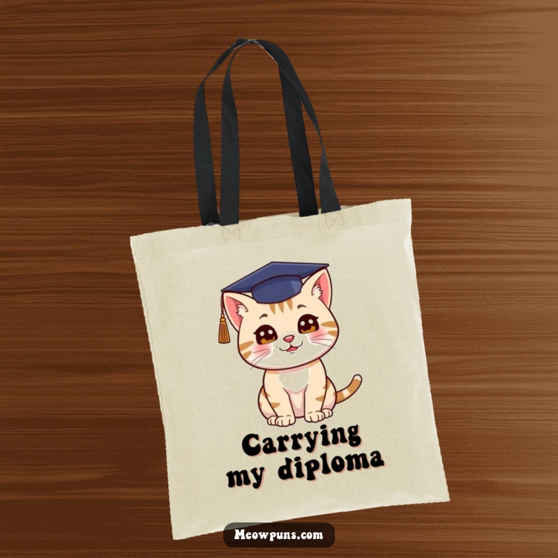 Funny tote bag featuring a cat in a graduation cap throwing it up, symbolizing achievement and fun.