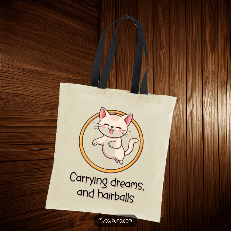Funny cat tote bag showcasing a skilled cat jumping through an M-shaped hoop, ideal for shopping or daily use.