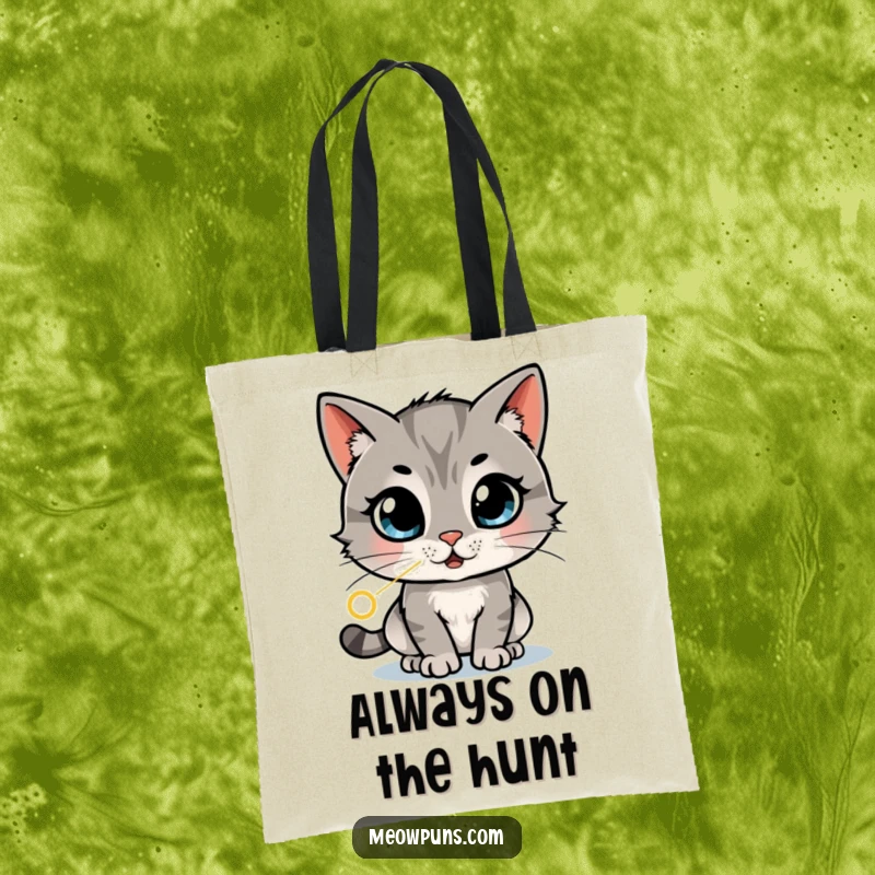 Funny tote bag with a cat with wide, amazed eyes chasing a laser dot in a dizzying pattern, ideal for carrying items with flair.