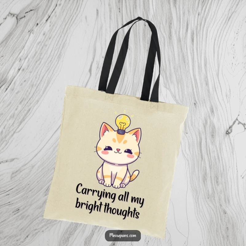Funny tote bag featuring a cat with a lightbulb, ideal for carrying books, groceries, or brilliant concepts with wit.