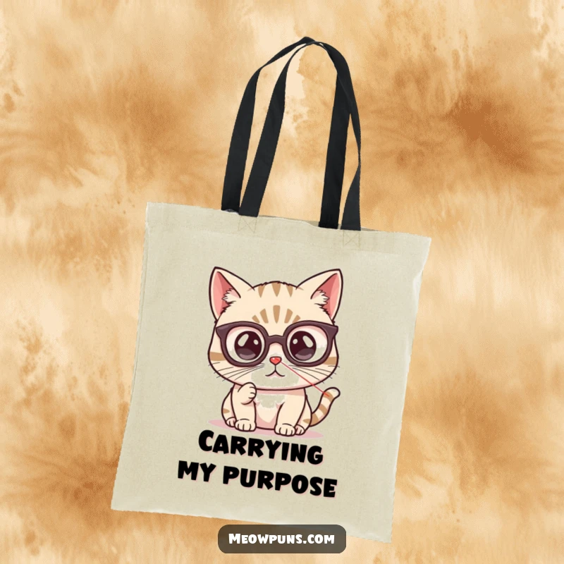 Funny cat tote bag depicting a cute cat wearing spectacles, captivated by a glowing red laser pointer dot, perfect for errands.