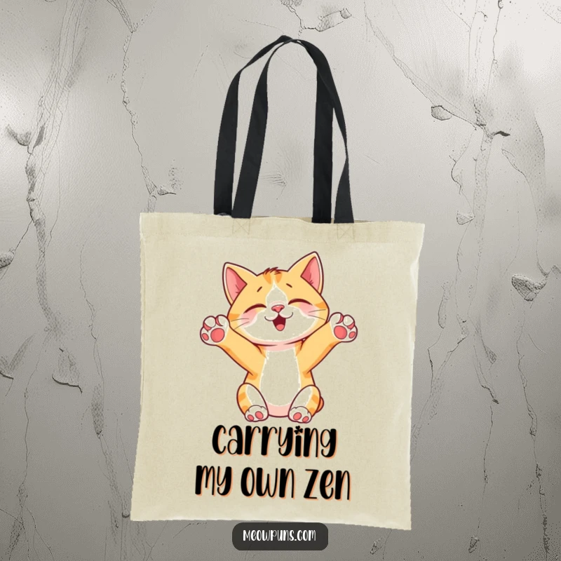 Funny Cat Stretching Tote Bag, showing a cute cat reaching paws in the air, perfect for carrying daily items with a humorous touch.