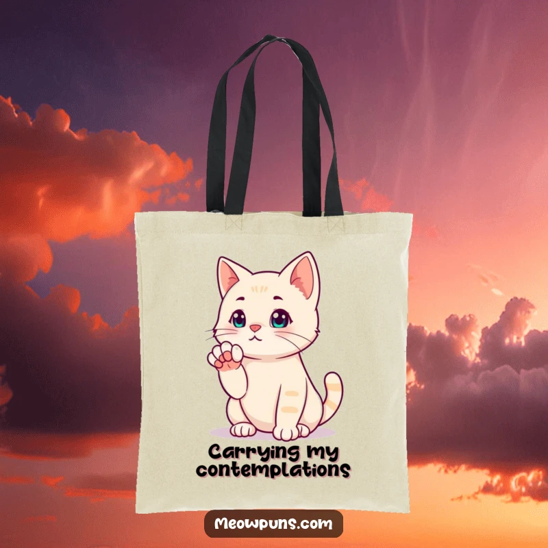 Funny tote bag featuring a cat in a thoughtful pose, paw raised, symbolizing deep contemplation and wit.