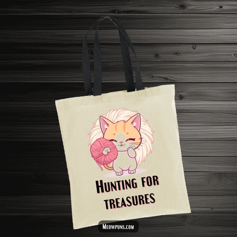 Funny tote bag with a playful cat batting a giant, fuzzy yarn pom-pom, perfect for carrying everyday items in style.