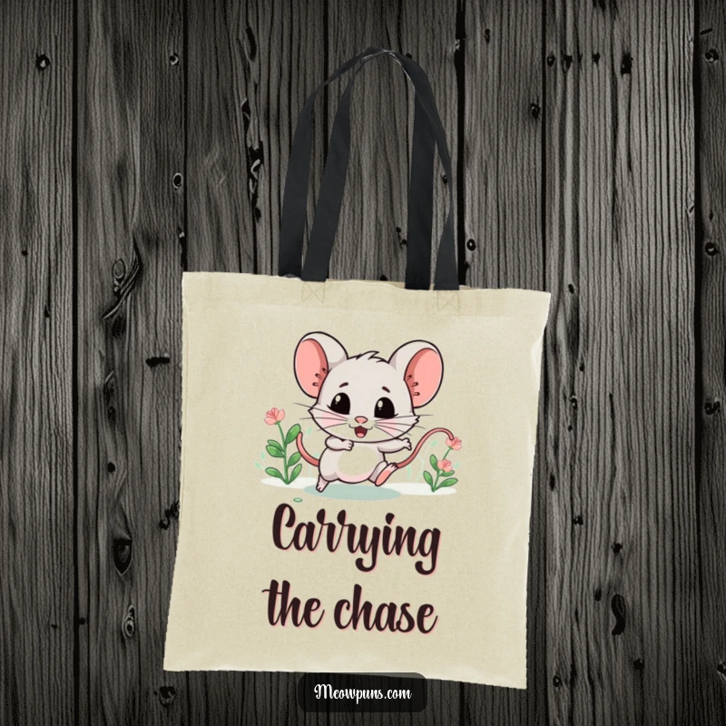 Funny tote bag featuring a mischievous catnip mouse character, leading a tiny chase, ideal for carrying cat essentials.