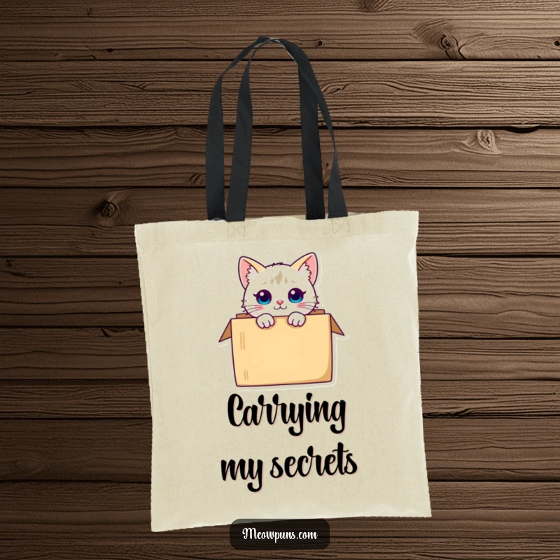 Funny curious cat character peeking from a box, printed on a durable tote bag for a humorous and intriguing carryall.