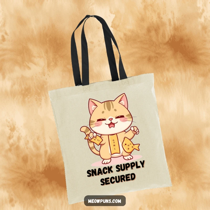 Funny tote bag with a mischievous cat juggling three fish-shaped crackers, perfect for carrying essentials with a side of humor.