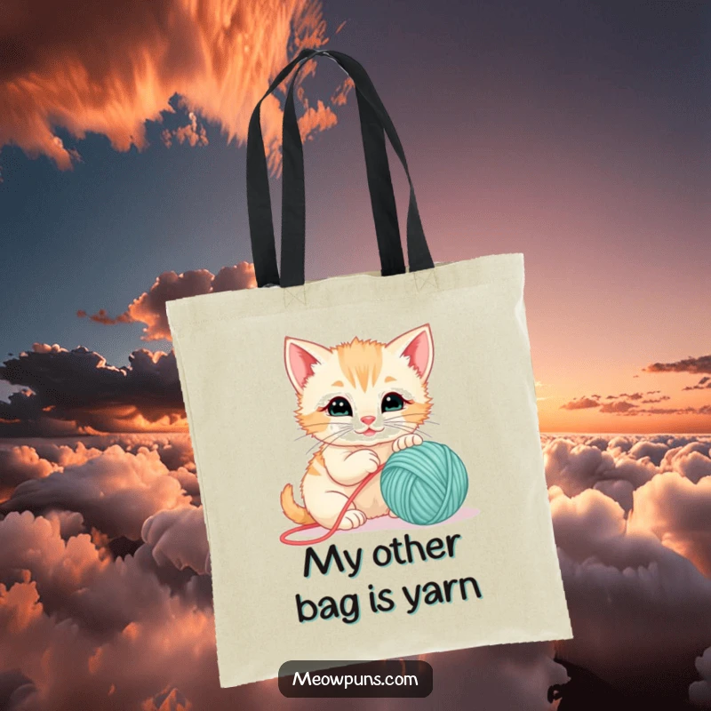 Funny tote bag featuring a cute kitten batting at a ball of yarn, perfect for carrying daily essentials with a smile.