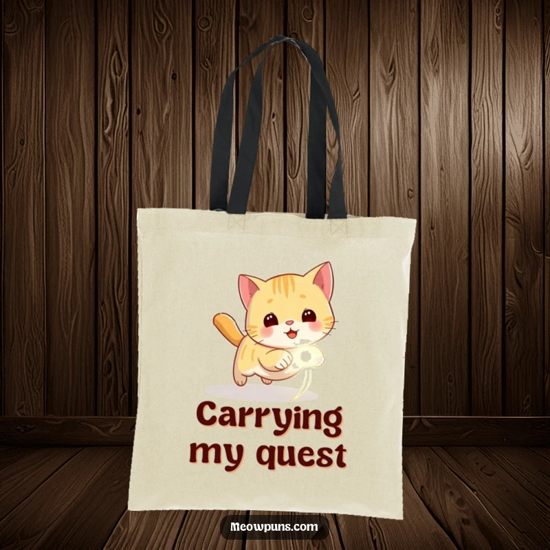 Funny tote bag showing a playful cat chasing a red laser dot, perfect for carrying items with humor.