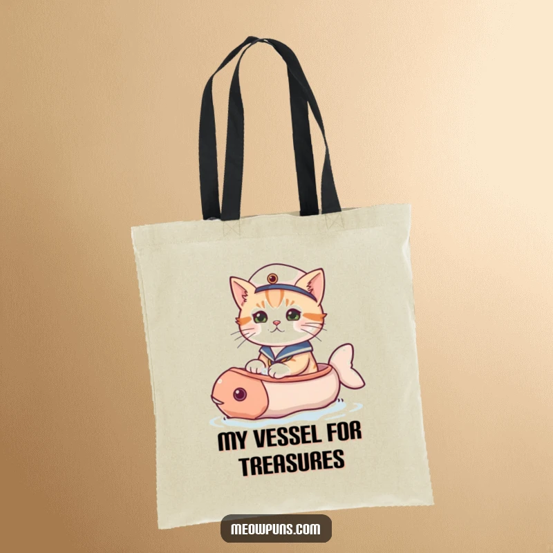 Funny cat tote bag featuring a cat in a sailor hat sailing a fish-shaped boat, perfect for carrying daily necessities.