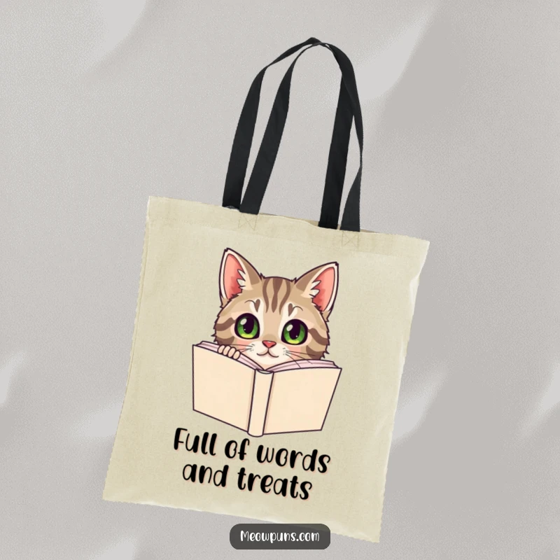 Funny Tabby Cat Tote Bag, a curious tabby cat peeks from behind a dictionary, combining literary and feline humor.