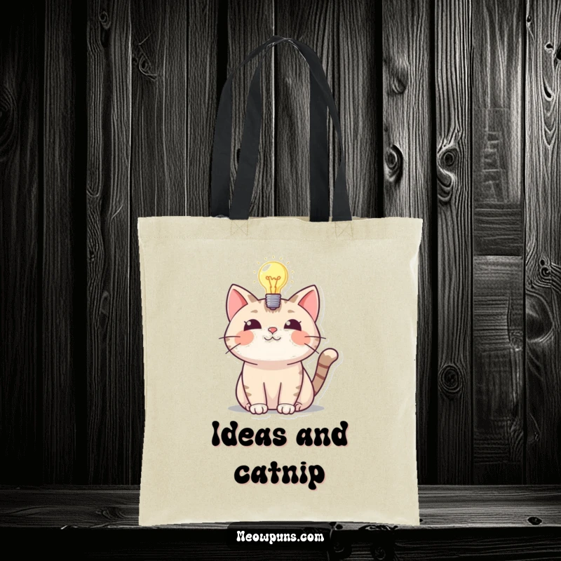 Funny tote bag featuring a cat with a glowing lightbulb symbol above its head, a funny representation of an idea.