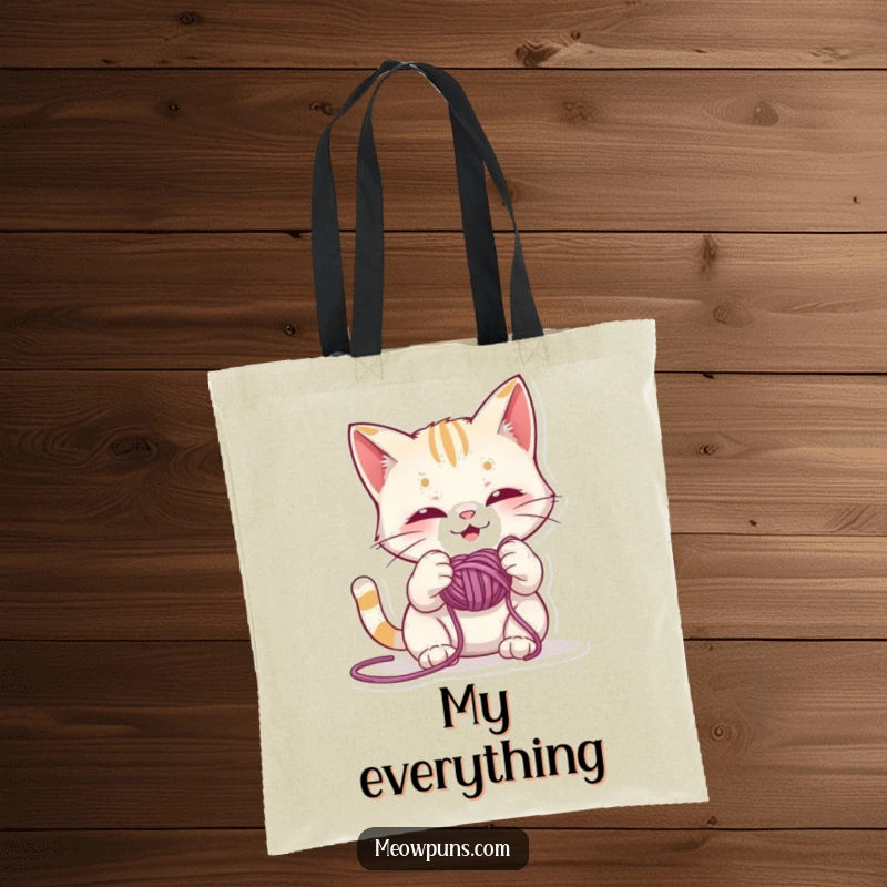 Funny tote bag featuring a mischievous cat character getting hilariously tangled in a ball of yarn, perfect for everyday use.