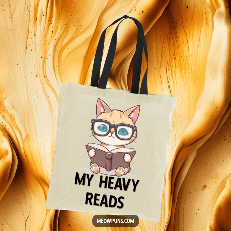 Funny cat with oversized glasses reading a book on a tote bag, perfect for carrying books and daily items.