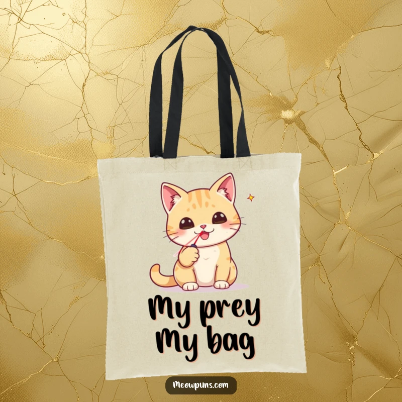 Funny tote bag featuring a cat proudly holding a tiny laser pointer, celebrating a funny victory.