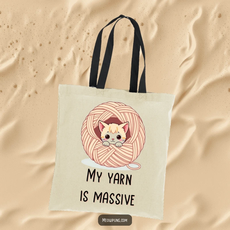 Funny tote bag with a cute cat character peeking out of a voluminous ball of yarn, ideal for pet lovers.