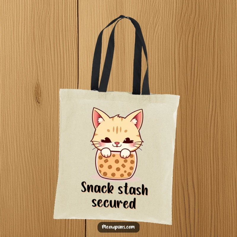 Funny Cat Tote Bag: Cute illustration of a cat with a mischievous smile peeking out of a cookie jar, ready for adventures.